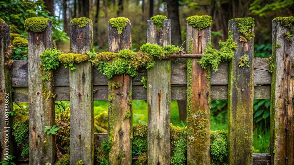 Rough, weathered wooden fence with overgrown vegetation and moss growing on it, nature, worn, rusty, decay Rough, weathered wooden fence with overgrown vegetation and moss growing on it, nature, worn, rusty, decay