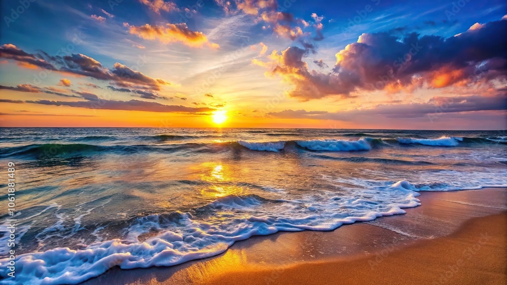 Fototapeta premium Serene ocean waves gently lapping against the shore at sunset, calm, horizon, sea, beach, peaceful