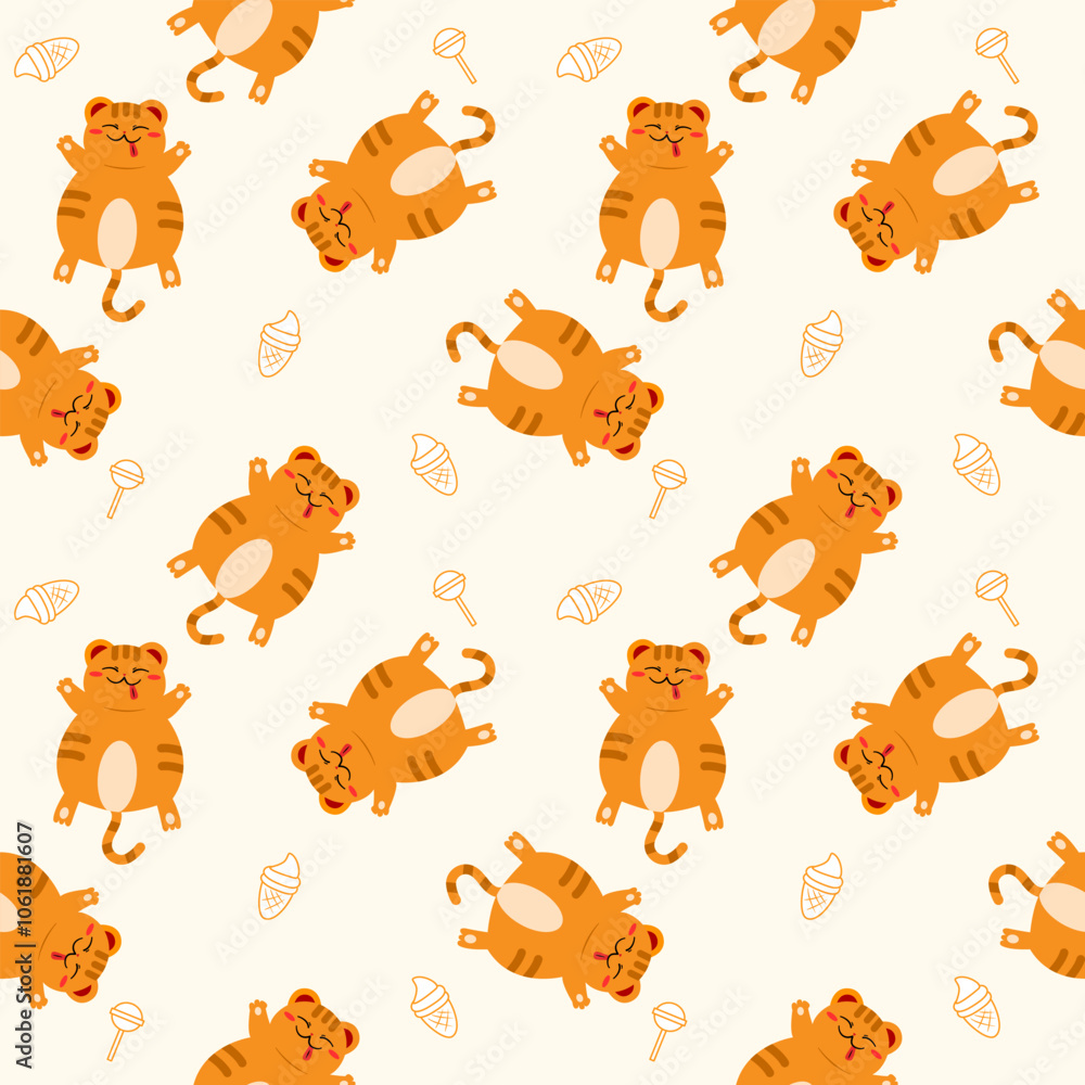 Fat cat sleep cartoon so cute. On dessert background. Pattern seamless vector illustration.
Fat cat sleep cartoon so cute. On dessert background. Pattern seamless vector illustration.