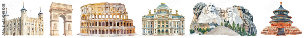Watercolor famous landmark png cut out element set Watercolor famous landmark png cut out element set