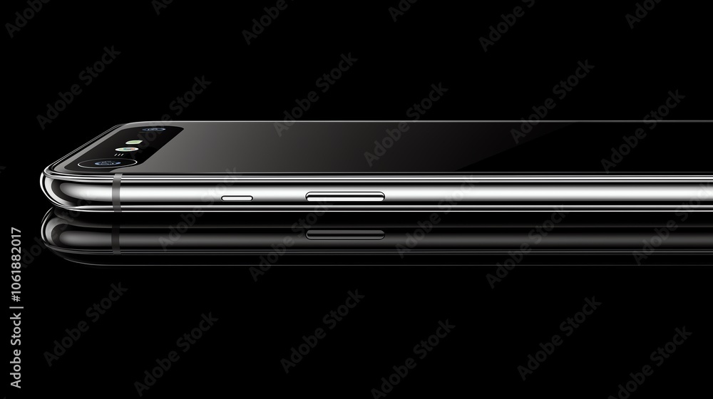 Sleek modern smartphone profile on a black background, showcasing its design and features. Sleek modern smartphone profile on a black background, showcasing its design and features.