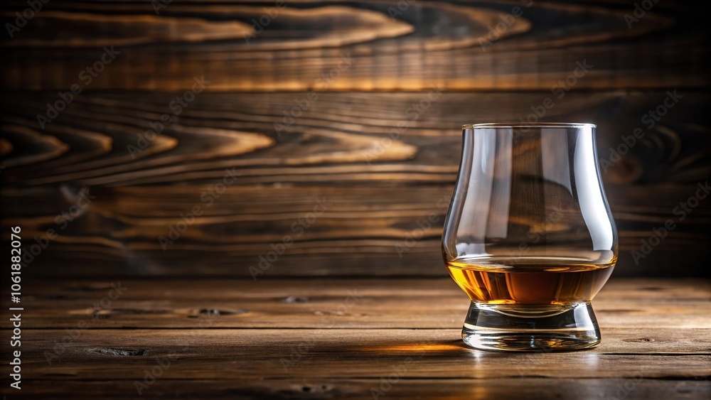 Sleek whiskey glass with a slender bowl and a tapered stem, resting on a wooden table top, condensation, whiskey drinker, drink, spirits, barware Sleek whiskey glass with a slender bowl and a tapered stem, resting on a wooden table top, condensation, whiskey drinker, drink, spirits, barware