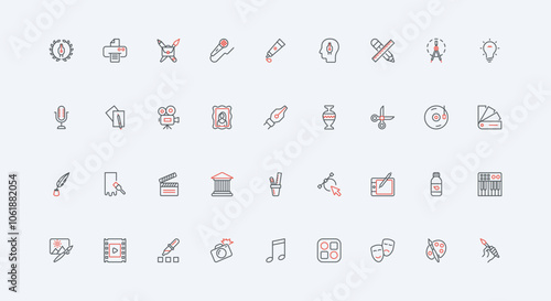 Digital art project, graphic design and music, artwork and tools line icon set. Vision and portfolio, imagination and software of designer thin black and red outline symbols vector illustration