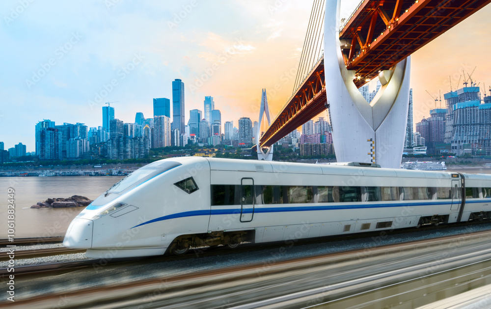 High-speed rail speeds on Bridges and the modern city skyline of chongqing, China