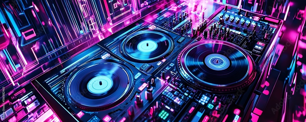 Close up of a dj mixer with two turntables and glowing lights. Close up of a dj mixer with two turntables and glowing lights.
