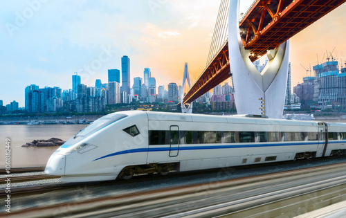 Obraz na płótnie High-speed rail speeds on Bridges and the modern city skyline of chongqing, China w salonie