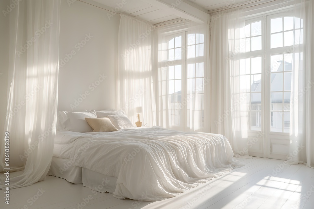 Bright modern bedroom with sunlight and sheer curtains Bright modern bedroom with sunlight and sheer curtains