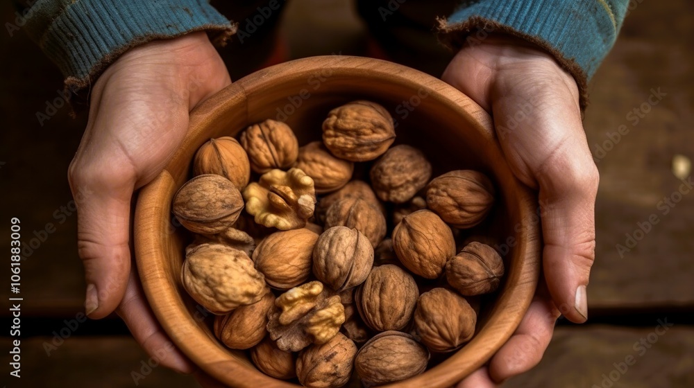 A person with both hands is holding a bowl filled with walnuts on a wooden table A person with both hands is holding a bowl filled with walnuts on a wooden table
