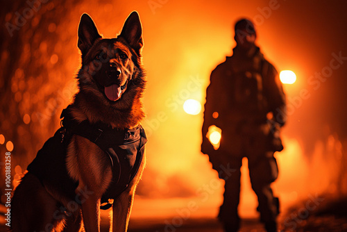 K9 dog with police officer, german shepherd trained in crime attack response, partnership in duty and safety