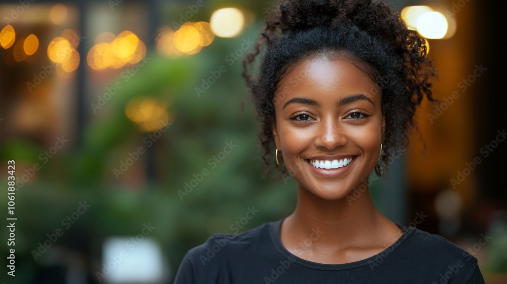 Close-up portrait of a smiling young woman with curly hair in a city setting. Close-up portrait of a smiling young woman with curly hair in a city setting.