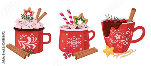 Christmas hot beverage cups. Festive mugs with hot cocoa with marshmallow and cinnamon sticks decor, xmas hot drink cups flat vector illustration set. Winter holiday drinks