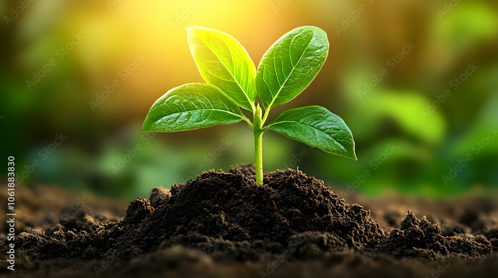 Fototapeta premium New Life - A Green Sprout Emerging from the Soil, seedling, growth, nature, plant, leaves