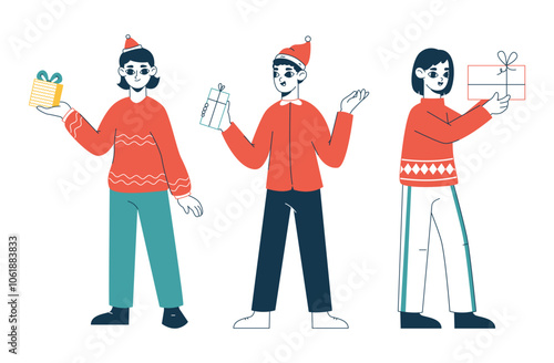 Festive people with Christmas gifts. Characters carrying xmas gifts boxes, winter holidays gifts flat vector illustration. Happy folks with presents