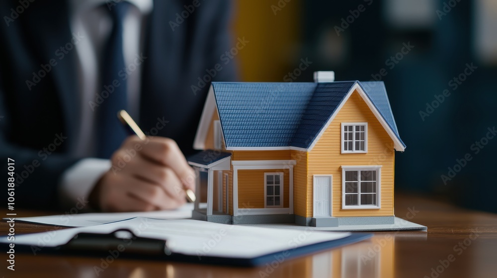 A person in a suit is signing documents next to a model house, representing real estate transactions and property investment. A person in a suit is signing documents next to a model house, representing real estate transactions and property investment.