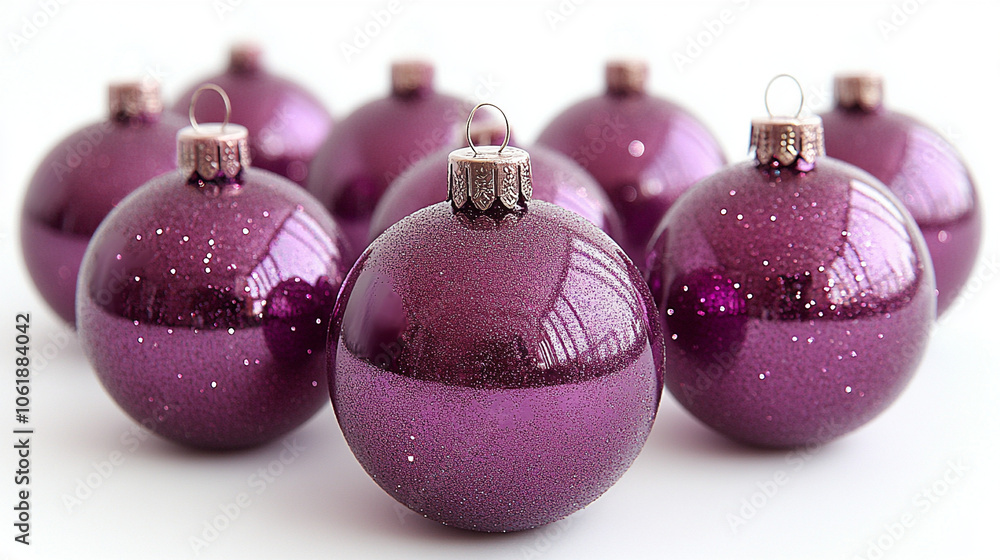 Purple Christmas tree decorations on a white background close-up Purple Christmas tree decorations on a white background close-up