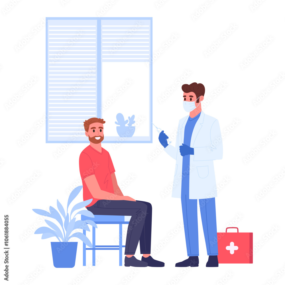 Patient at medical clinic. Vaccination or blood sampling, doctor with syringe and patient, medical appointment flat vector illustration. Healthcare and medicine concept Patient at medical clinic. Vaccination or blood sampling, doctor with syringe and patient, medical appointment flat vector illustration. Healthcare and medicine concept