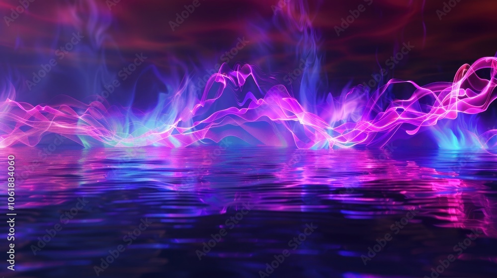 Bright neon effect energy waves on water on dark abstract background Bright neon effect energy waves on water on dark abstract background