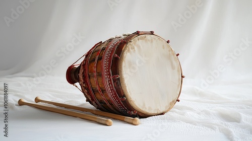 A simple yet elegant depiction of traditional dhol resting on a clean white background celebrating the music of Lohri with few elements and clean lines photo