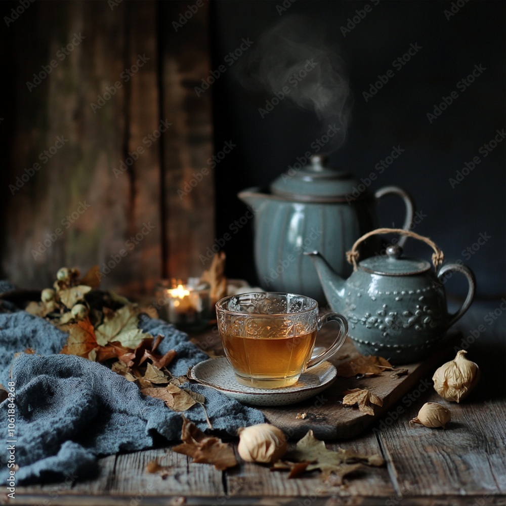 Cup of tea in autumn style fall vibe cozy atmosphere home Cup of tea in autumn style fall vibe cozy atmosphere home