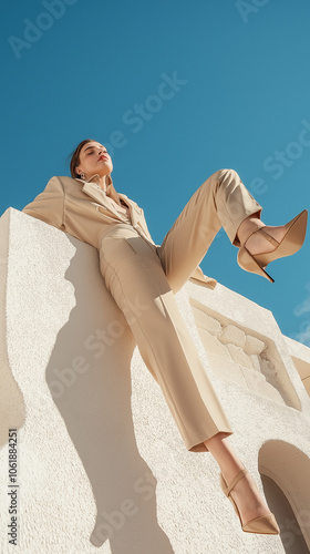 Dramatische Low-Angle-Perspektive einer eleganten Modelfigur vor antiker griechischer Architektur, die zeitlose Schönheit und Pose perfekt inszeniert photo