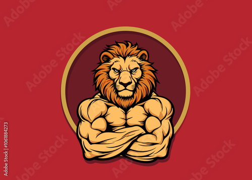 Powerful lion mascot character illustration portrait and human body symbol of power energy on royal red background