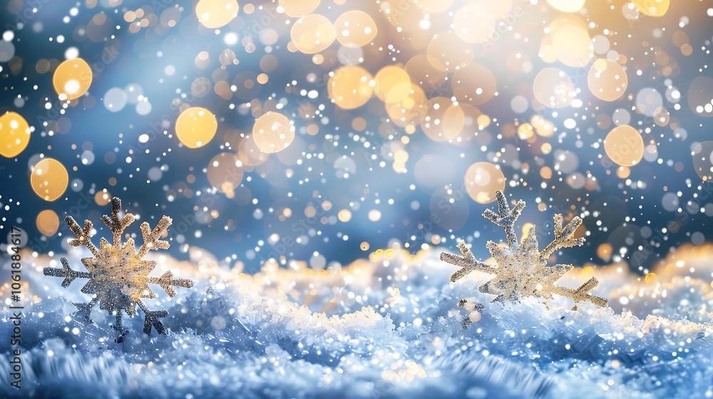 Radiant snowflakes and glittering particles descending, surrounded by golden bokeh lights in a dreamy holiday background Radiant snowflakes and glittering particles descending, surrounded by golden bokeh lights in a dreamy holiday background