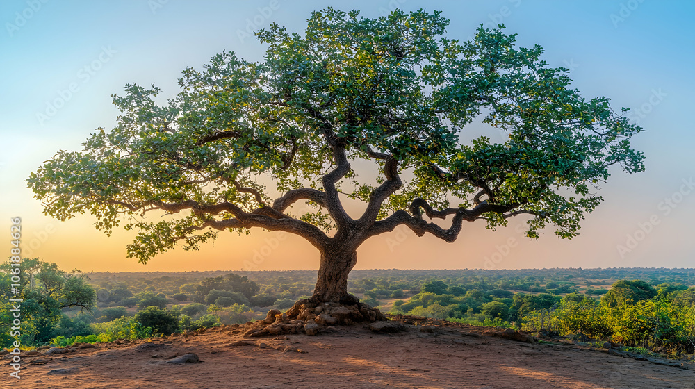 Fototapeta premium A lone tree stands tall on a hilltop against a beautiful sunset sky.