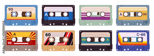 Retro audio cassettes. Cartoon 80s stereo tape cassettes, vintage tape records, 90s music audio cassette flat vector illustration set. Old school analogue tapes