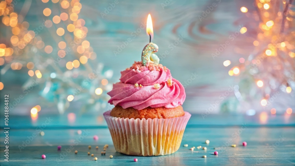 A single pink cupcake topped with a lit candle, sitting on a teal wooden surface, surrounded by sprinkles and bokeh lights. A single pink cupcake topped with a lit candle, sitting on a teal wooden surface, surrounded by sprinkles and bokeh lights.