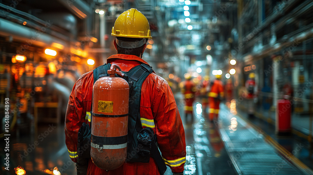 Industrial Worker Wearing Protective Gear and Carrying a Fire Extinguisher Industrial Worker Wearing Protective Gear and Carrying a Fire Extinguisher