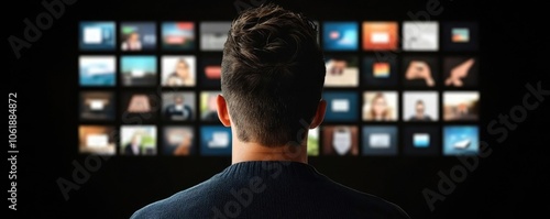 A person looking at a large screen displaying various images, illustrating the impact of technology and media on modern life.