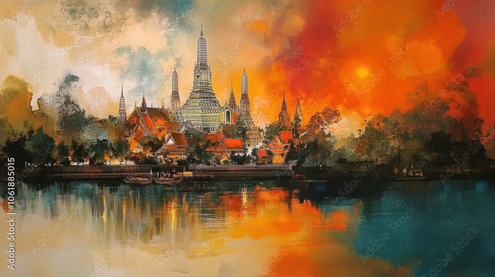 Obraz premium Vibrant Sunset over a Serene Temple Landscape