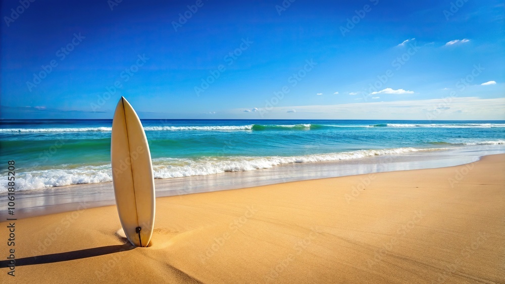 Surfboard on a sandy beach with a clear blue ocean in the background, wave action, ocean views, water sports Surfboard on a sandy beach with a clear blue ocean in the background, wave action, ocean views, water sports