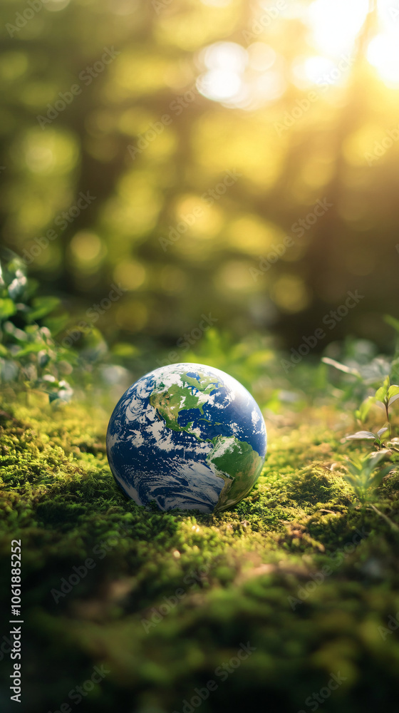 Serene forest scene with a miniature model of earth nestled in moss and illuminated by soft sunlight Serene forest scene with a miniature model of earth nestled in moss and illuminated by soft sunlight