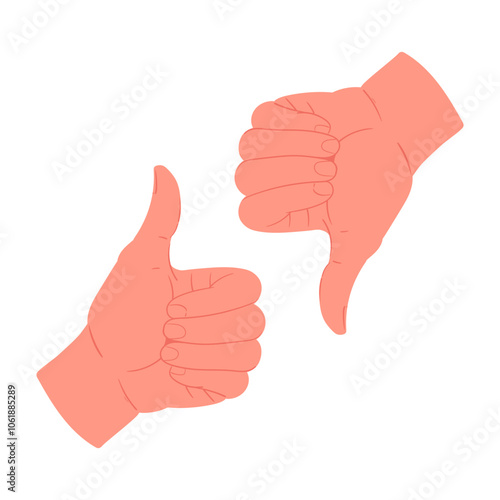 Thumb up and down gestures. Human hands with thumb up and down sign, agree and disagree flat vector illustration. Cartoon positive and negative hand gestures