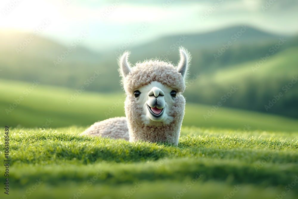 Naklejka premium Curious Alpaca Smiling in a Green Landscape