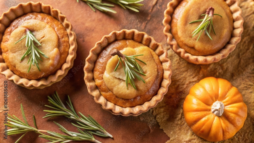 Mini pumpkin pies with rosemary garnish and a small pumpkin on a rustic wooden surface Mini pumpkin pies with rosemary garnish and a small pumpkin on a rustic wooden surface