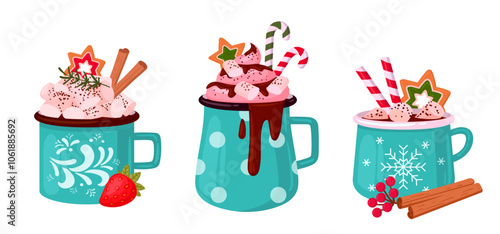 Xmas hot beverage cups. Christmas hot drink cups, festive mugs with hot cocoa with marshmallow and cinnamon sticks decor flat vector illustration set. Winter holiday drinks