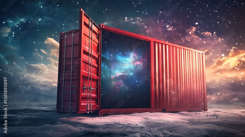 Open shipping container revealing a galaxy inside against a starry night sky. Open shipping container revealing a galaxy inside against a starry night sky.