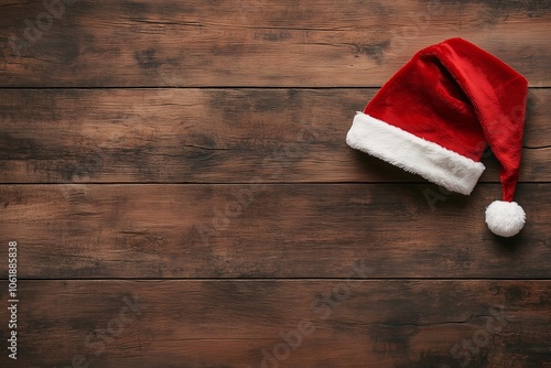 Christmas red Santa hat resting on the top corner of a wooden table.