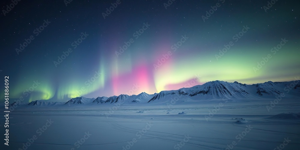 Vibrant aurora borealis dancing over snow-covered Arctic landscape in Svalbard, northern lights, winter Vibrant aurora borealis dancing over snow-covered Arctic landscape in Svalbard, northern lights, winter