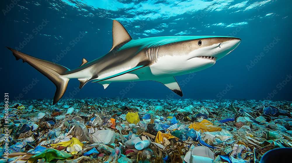 Obraz premium striking underwater scene featuring shark swimming through sea of plastic waste, highlighting