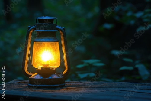 A Single, Glowing Oil Lantern on a Wooden Surface in a Dark Forest