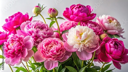 Vibrant peonies in full bloom against a soft white background, nature scene, lush flowers, pink flowers, sophisticated look, peony bouquet
