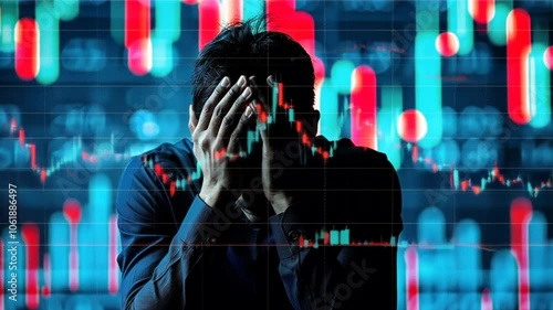 A trader sits in a dark office, overwhelmed with stress as he holds his head in his hands, surrounded by glowing financial charts and data visualizations