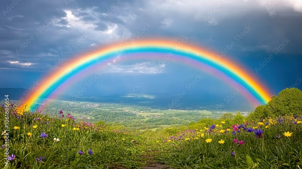 Rainbow Across Rural Landscape with Wildflowers and Mountain Range