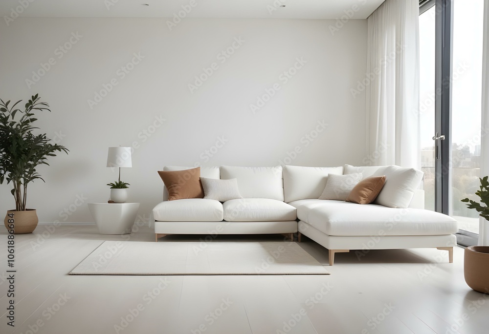 A modern living room with a large white sectional sofa, a white side table, and a beige area rug on a light hardwood floor. A modern living room with a large white sectional sofa, a white side table, and a beige area rug on a light hardwood floor.