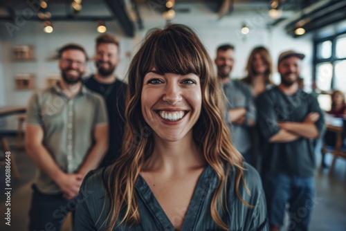 Portrait of a smiling businesswoman with her colleagues in the background