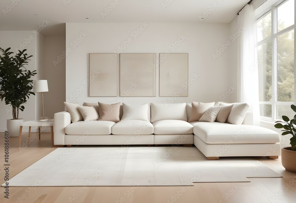 Fototapeta premium A modern living room with a large white sectional sofa, a white side table, and a beige area rug on a light hardwood floor.