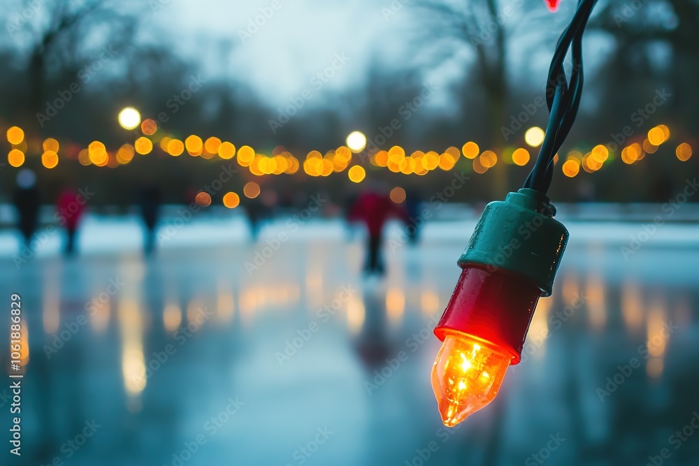 Naklejka premium Close-up of lit holiday light with blurred ice-skaters backdrop